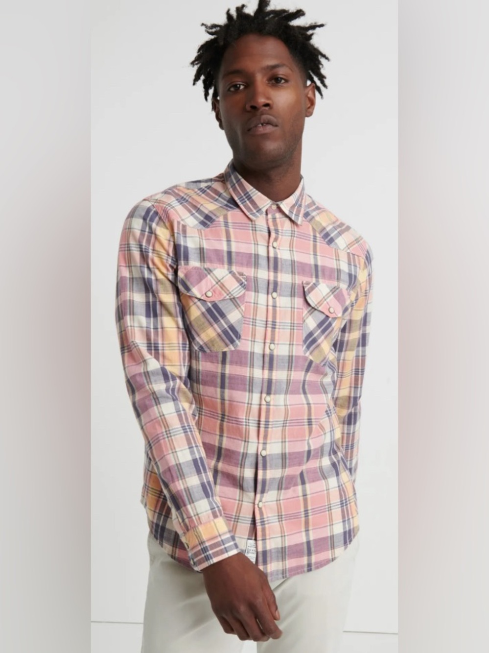 Lucky Brand Plaid Western Pearl Snap Long Sleeve Shirt, Sz L